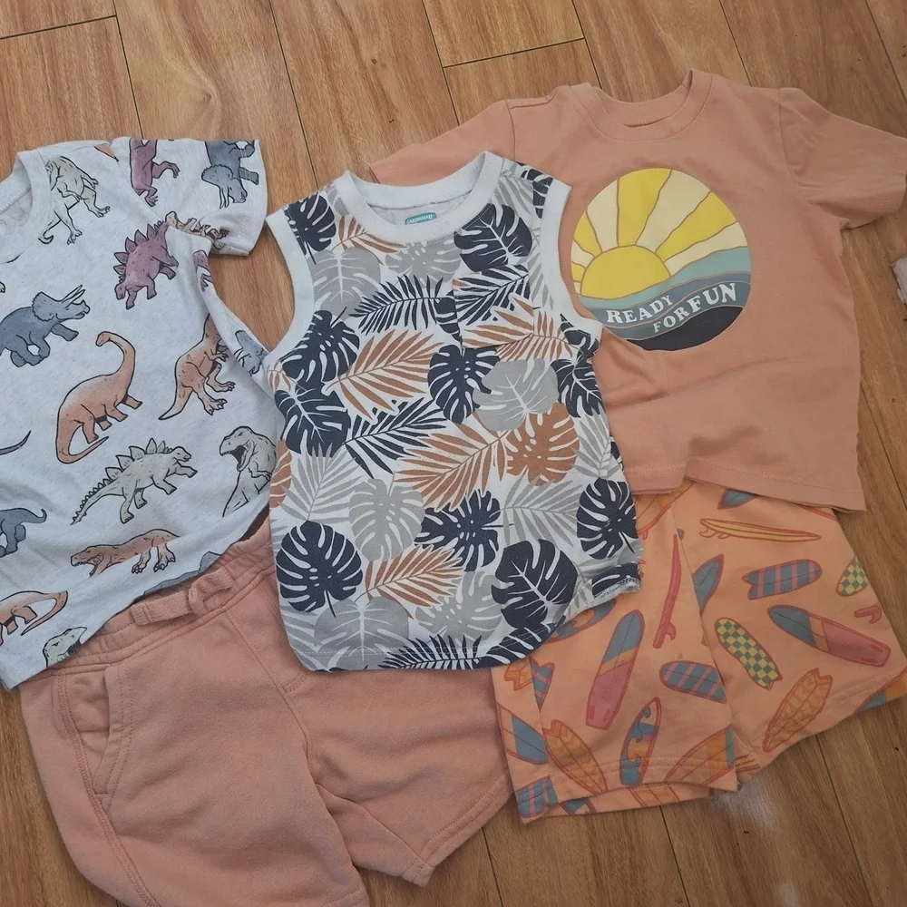 Kids' Summer Outfit Set - Dinosaur, Leaf, and Surfboard Prints